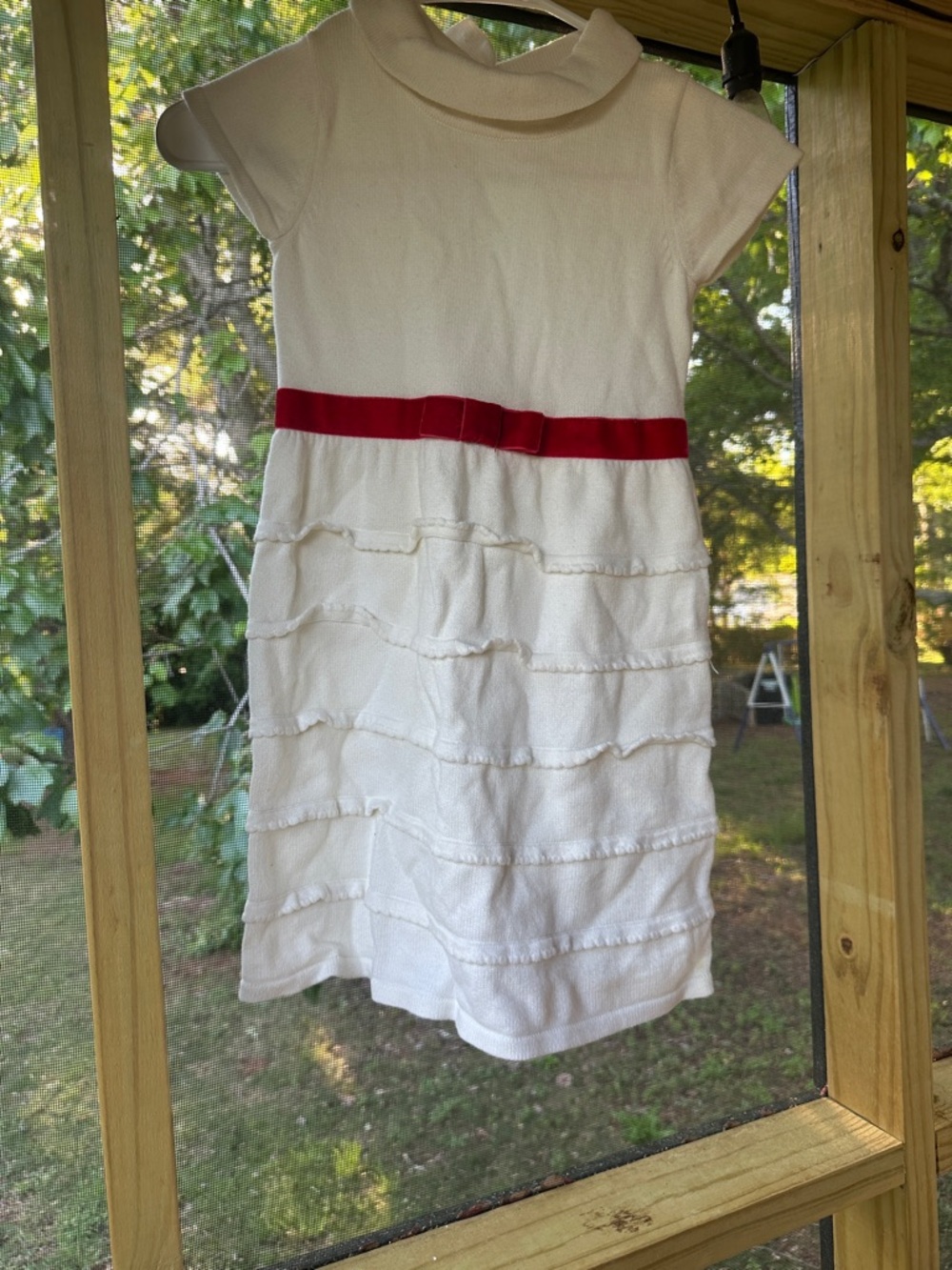 Janie and Jack size 5 ruffles Girls White Knit Dress Red Bow Belt cotton wool